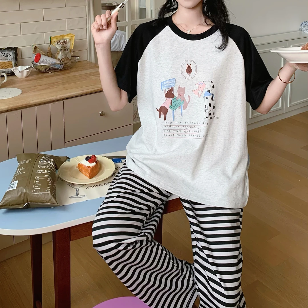 睡衣新款夏季柔软舒适短袖长裤短裤精梳棉质夏天女士大码家居套装