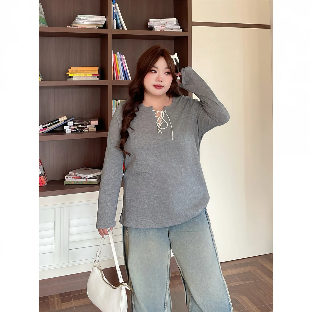 花契"达拉斯风"大码女装秋季简约200斤胖mm慵懒棉麻感T恤15926-C