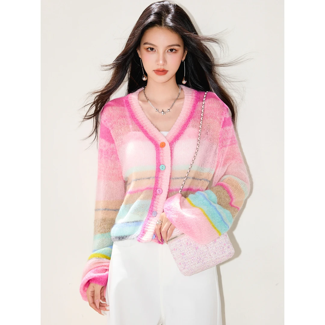 实拍◆2025法式独特上衣多巴胺粉色微喇针织开衫毛衣女秋2025新款