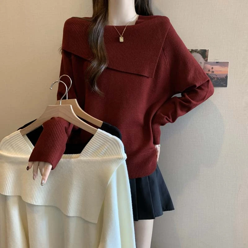 2025秋冬新款大翻领纯色套头打底针织衫女大码百搭休闲