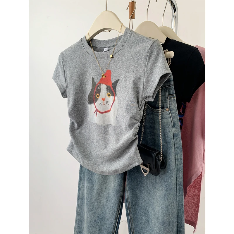 美式复古正肩收腰短袖t恤女夏季2025新款小个子棉质修身显瘦上衣