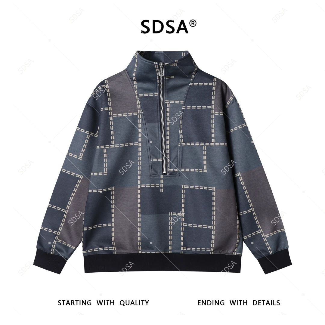 SDSA男士2025新款轻奢痞帅男装撞色不规则图形半拉链立领卫衣百搭