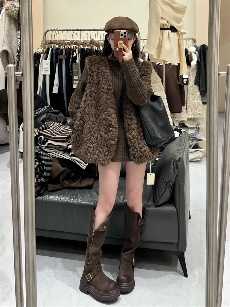 韩系秋冬一整套穿搭高级感美拉德棕色马甲叠穿针织衫毛衣两件套女