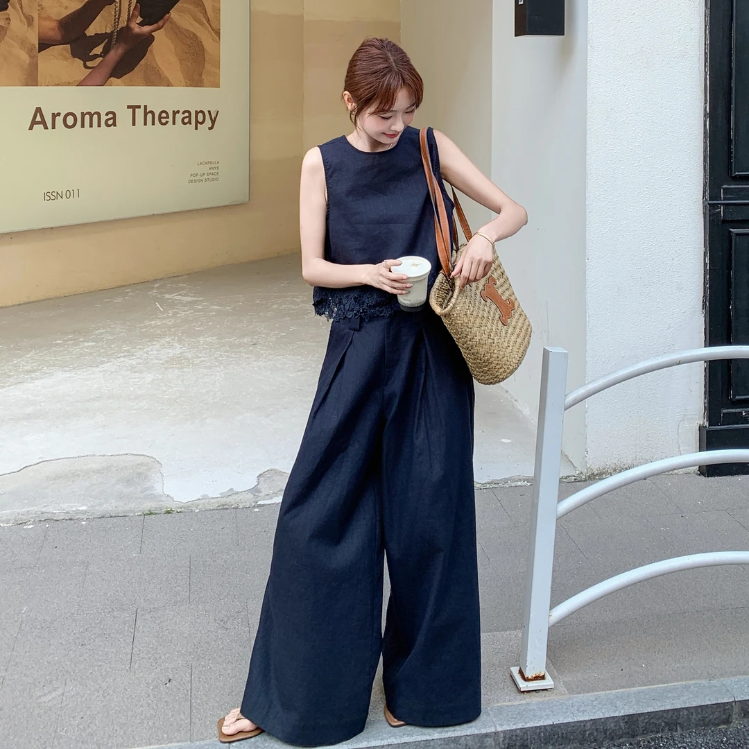 韩版显瘦套装简约通勤时尚套装裤子背心气质宽松高腰直筒休闲夏季