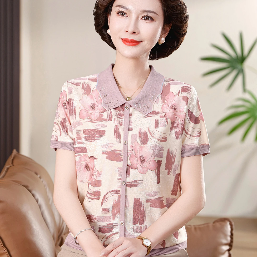 气质妈妈夏装冰丝短袖T恤2025新款中老年人女夏季阔太太翻领小衫