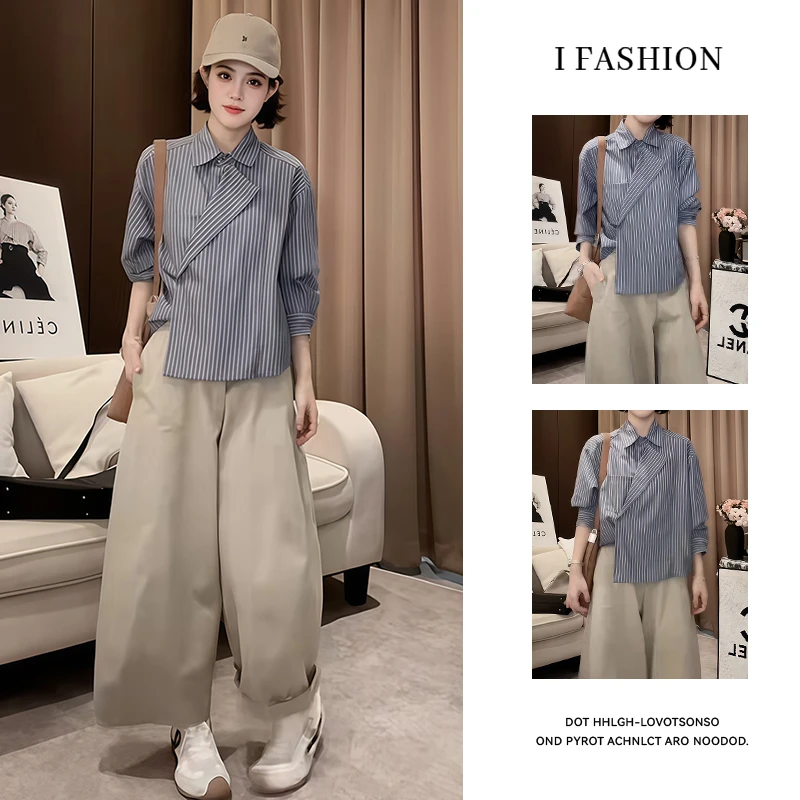 时尚小众洋气遮肉套装女2025春秋宽松显瘦不规则衬衫阔腿裤两件套