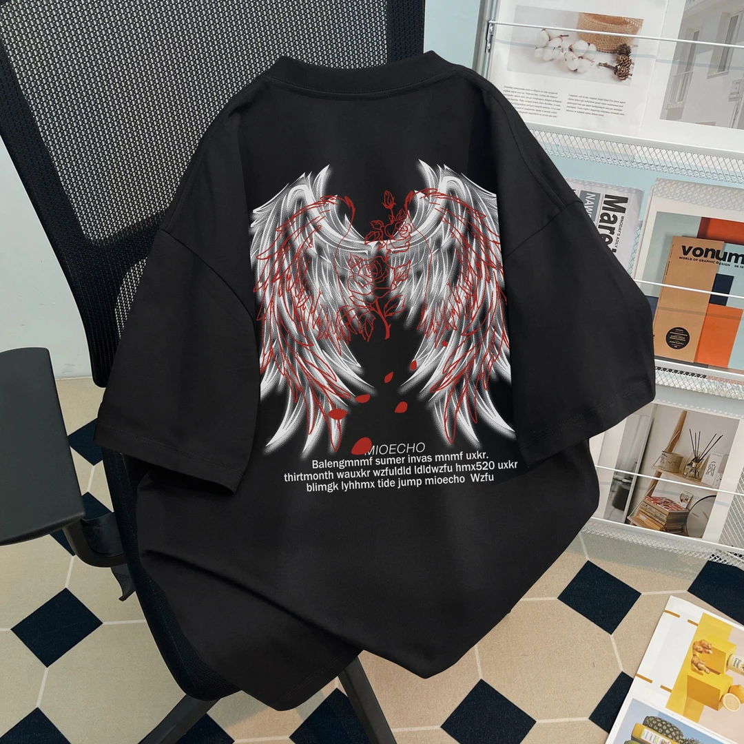 男童黑色短袖t恤纯棉美式潮牌翅膀印花夏季款中大童8-15岁上衣服