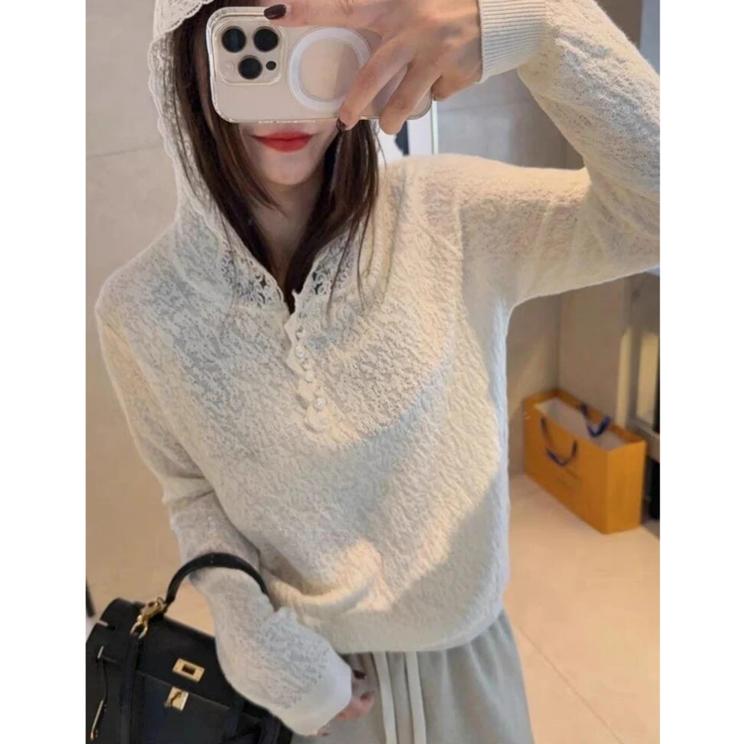 法式蕾丝连帽宽松针织衫春秋设计感时尚长袖洋气内搭打底套头上衣