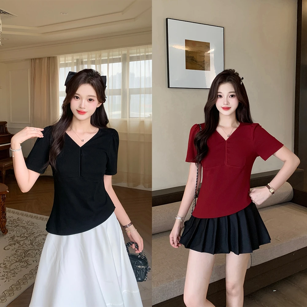 长夏季大码女设计感不规则V领正肩短袖T恤遮肚收腰显瘦上衣64996