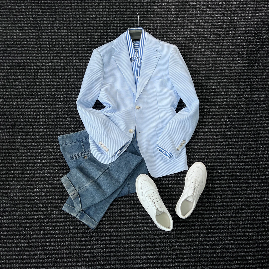 CssuGent那不勒斯新贵老钱经典条纹平驳领西服男休闲通勤泡纱西装