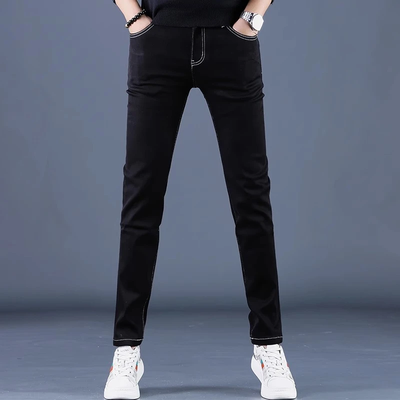 Cebrodz潮牌男装休闲弹力男裤修身小脚牛仔裤男直筒韩版黑色裤子