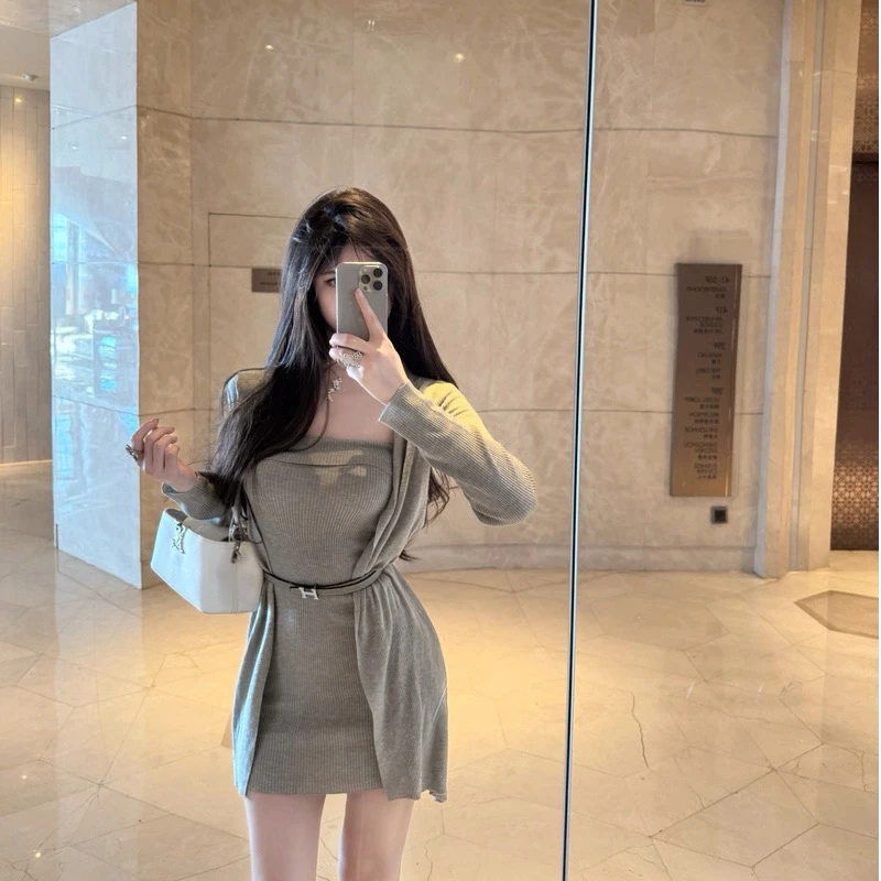 千金风套装法式气质抹胸针织连衣裙不规则长袖开衫外套两件套裙子