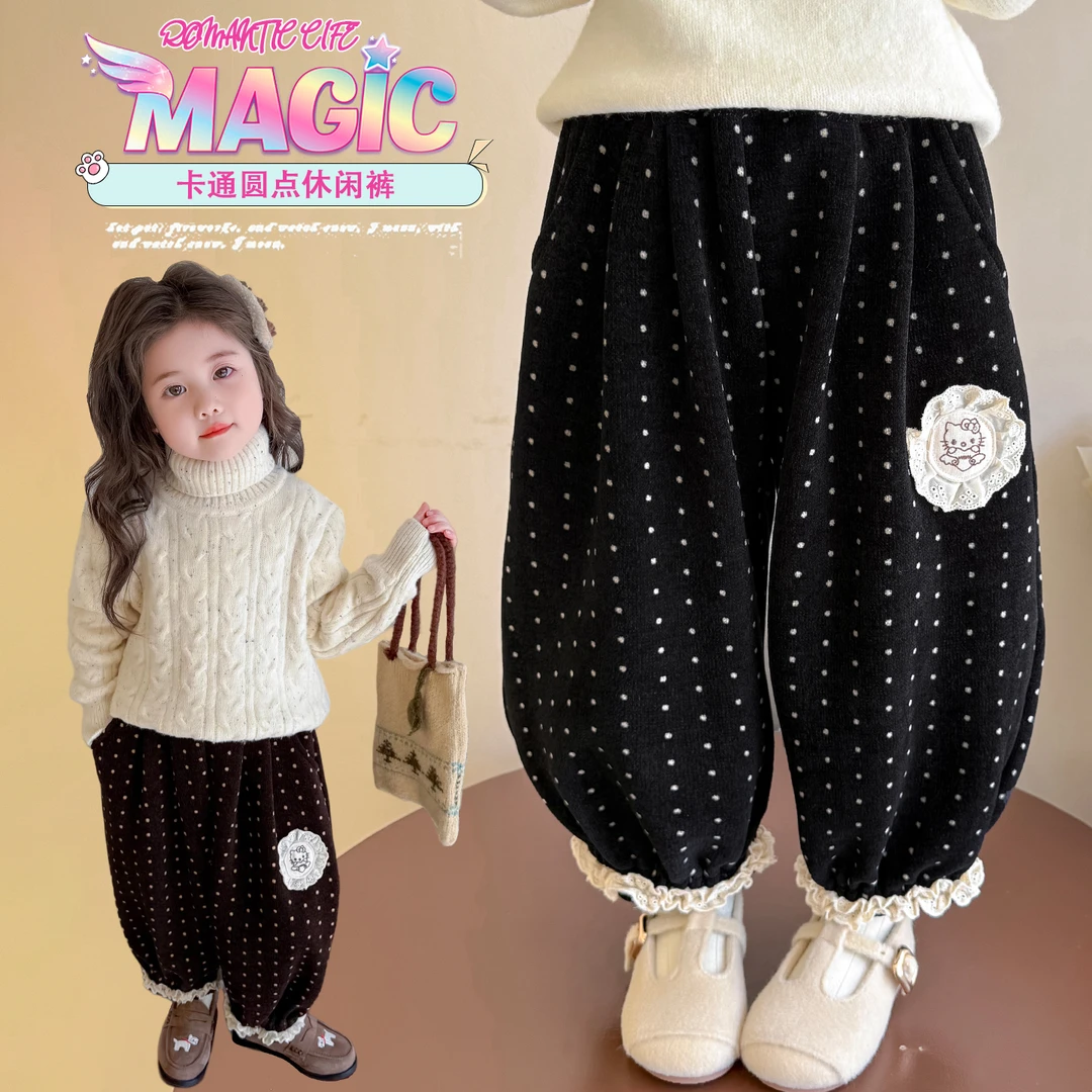 2025新款中大童韩版洋气百搭加绒裤休闲小宝宝女孩秋冬波点束口裤