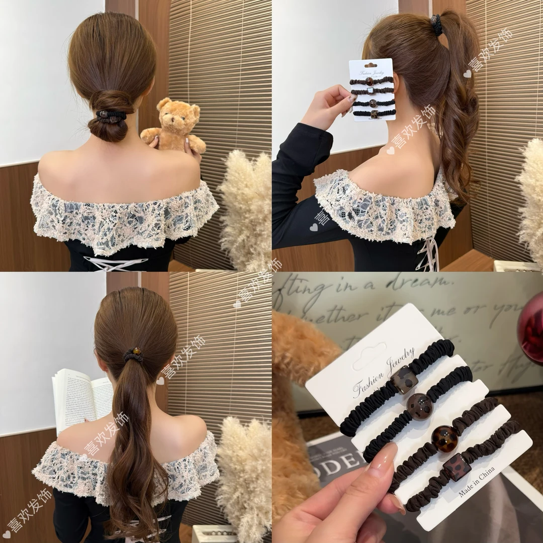 九块九【4根装】简约豹纹球球和豹纹方块牛奶丝小肠发圈不伤发头绳