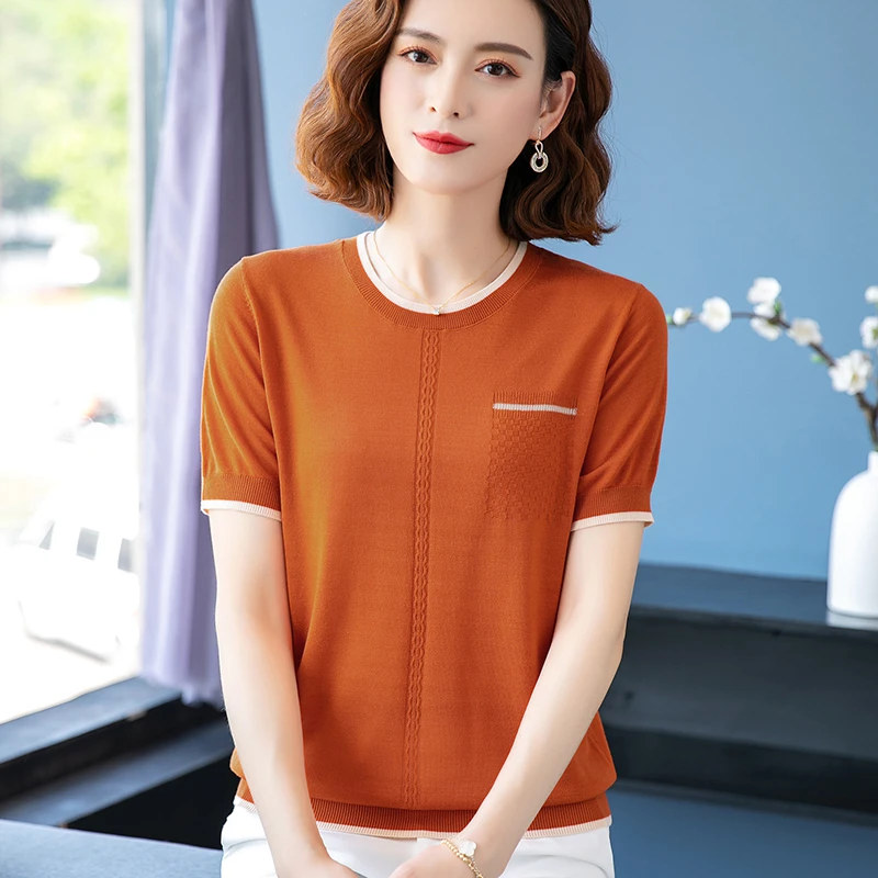 冰丝短袖t恤女2025夏季新款洋气中年妈妈夏装薄款显瘦针织衫上衣