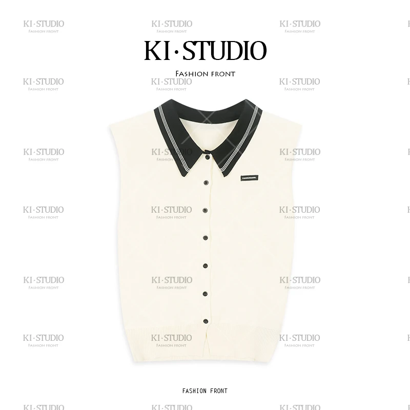 薄款短款套头款夏季无袖毛针织衫针织衫翻领可露丽风