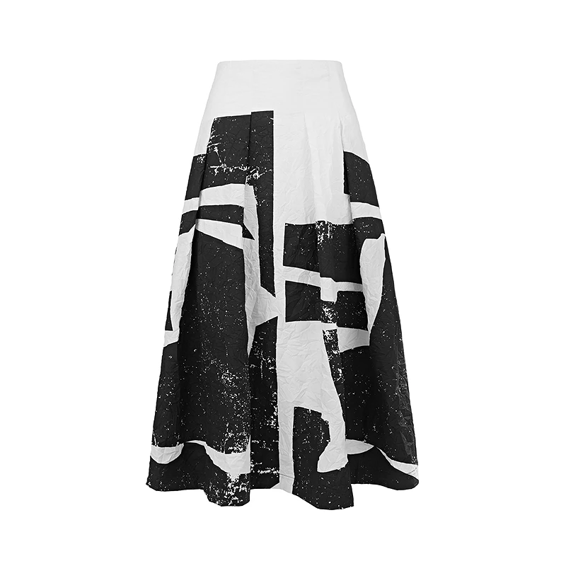 sdeer圣迪奥女装25年新品时尚休闲高腰褶皱印花A字长裙S25381108