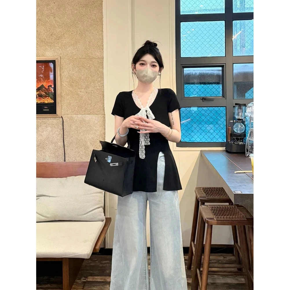 【6778】大码法式绑带短袖t恤夏季蕾丝拼接针织衫开叉设计感上衣女