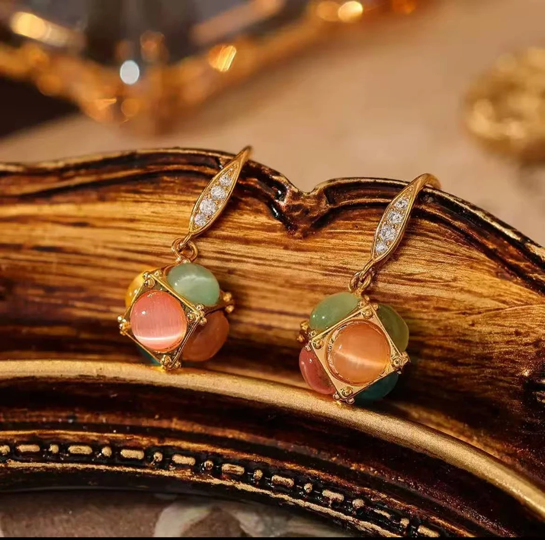 铜合金玻璃耳饰 轻奢多巴胺配色猫眼石魔方 耳钩 耳线 项链套装