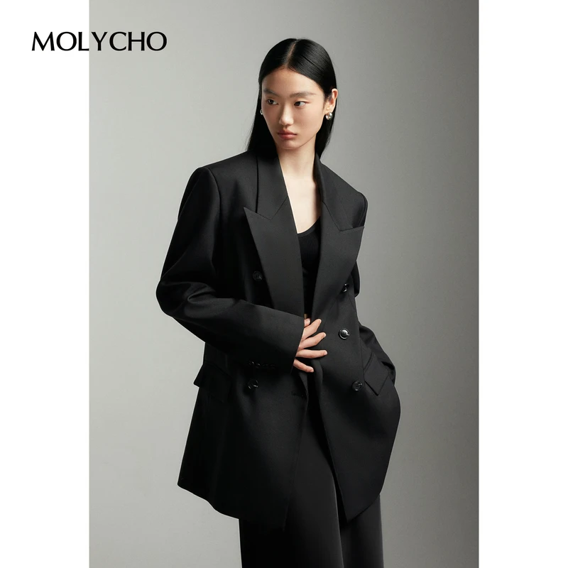 MOLYCHO 早春老钱风宽松西装外套女春季双排扣直筒休闲通勤小西服