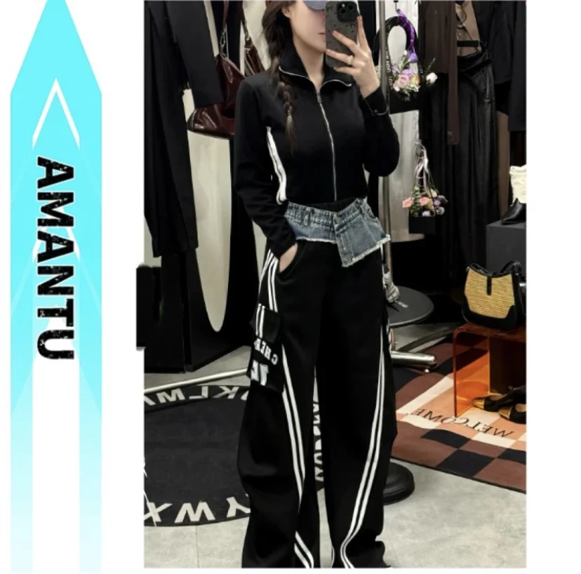 时尚休闲运动套装女秋季25年新款宽松上衣高腰阔腿裤黑色两件套潮