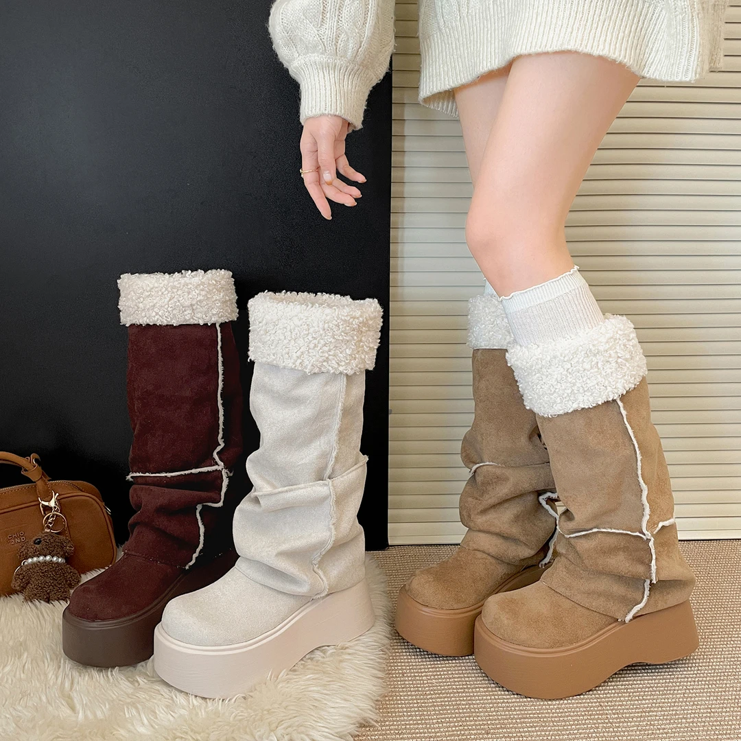 白色复古加绒厚底长筒雪地靴女款2025新款冬季增高保暖裤管棉靴子