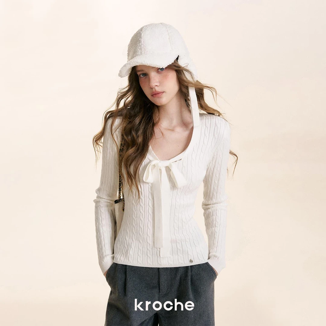 Kroche 25aw 法式慵懒 细狡花 系带蝴蝶结麻花坑条修身针织打底衫