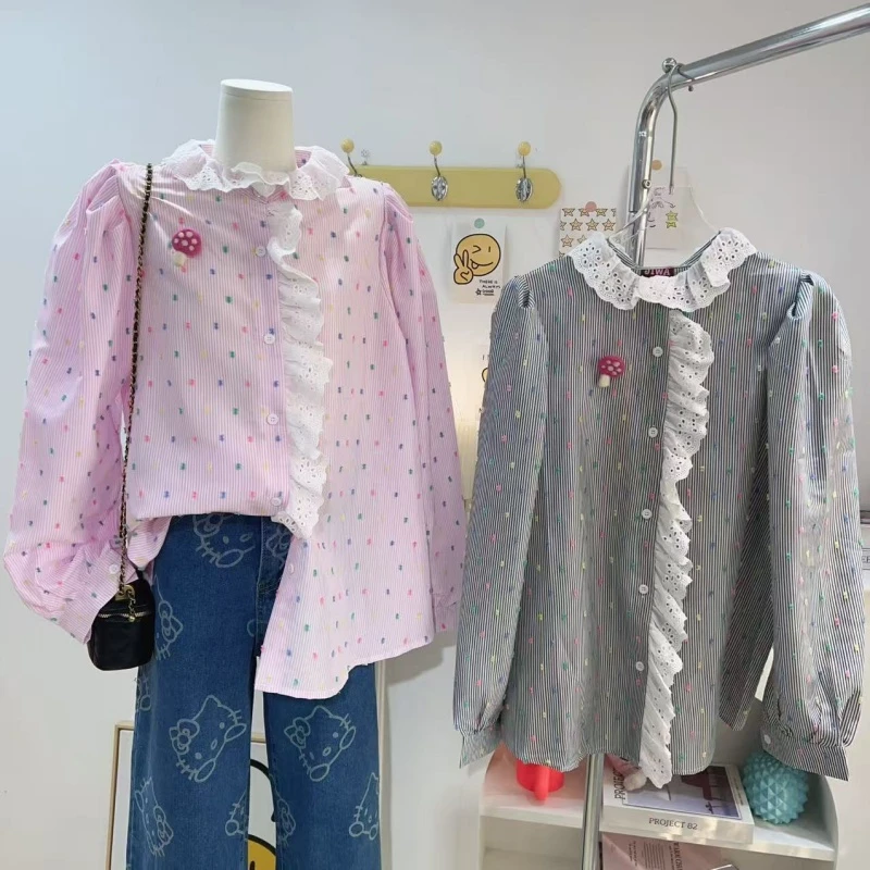 【钱呼呼】2025早春新款彩色点点甜美花边小立领长袖衬衫甜美设计女