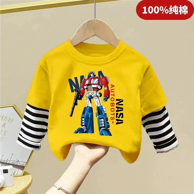 纯棉男童上衣长袖机器卡通儿童T恤假两件春秋款打底小童宝宝衣服t