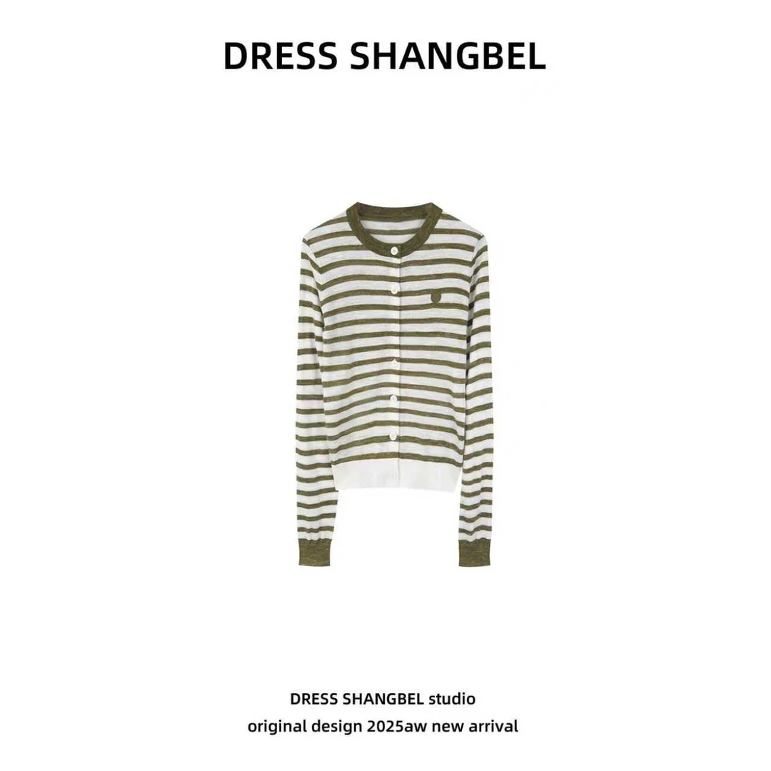 DRESS-新款C75设计师百搭显瘦小众条纹撞色针织开衫长袖5516H
