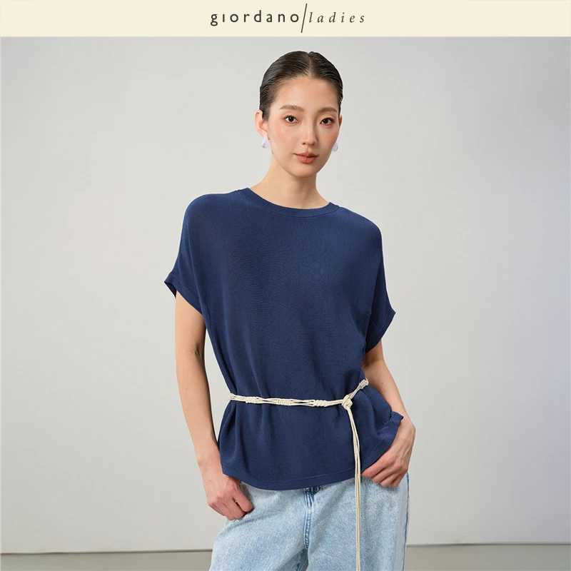 giordano ladies 老钱风a型下摆圆领连袖套头针织衫女 02355050