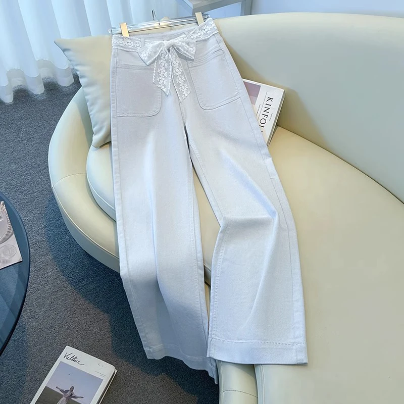 拉夏贝尔蕾丝腰带阔腿牛仔裤女夏2025新款高腰显瘦窄版时尚直筒裤