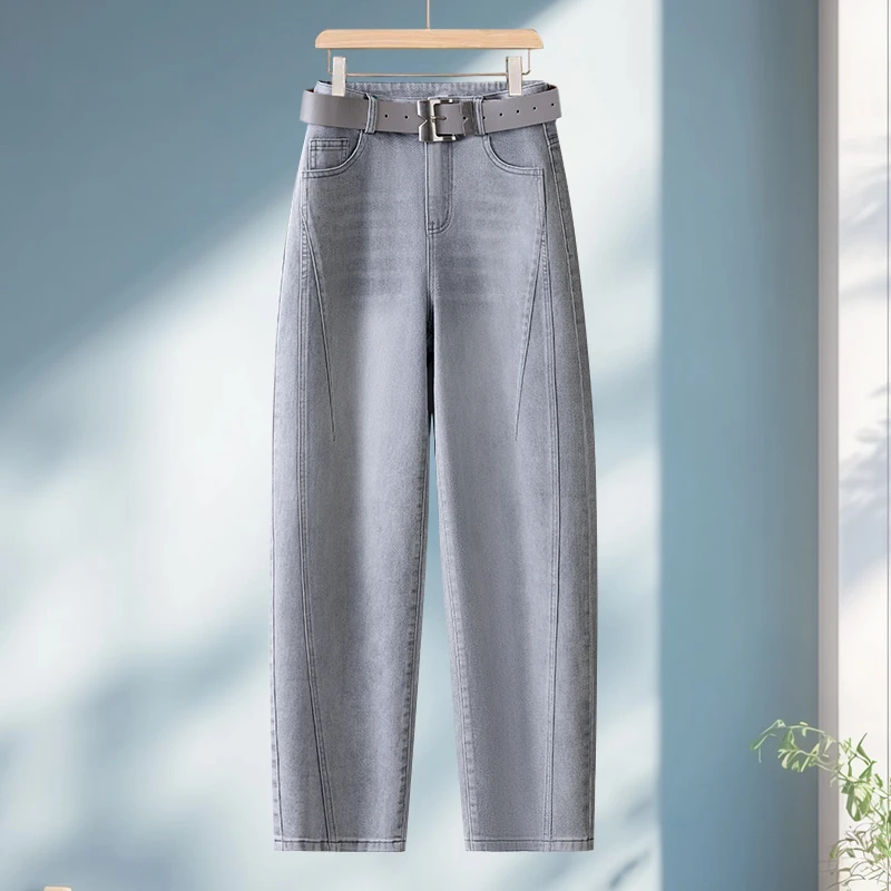 拉夏贝尔雾霾灰牛仔弯刀直筒裤女2025夏季新款薄款高腰九分阔腿裤