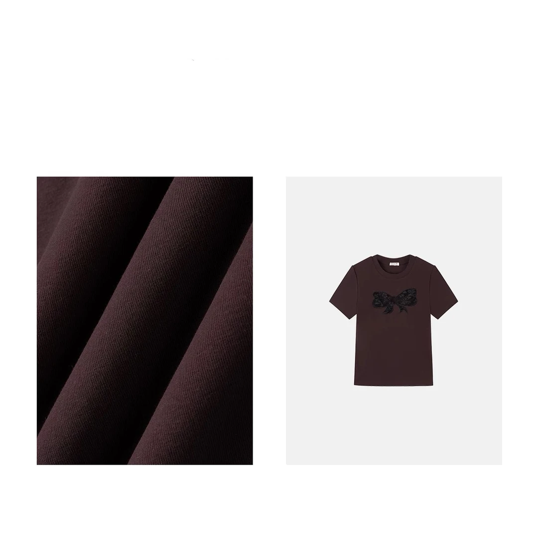 SCF"蝴蝶结"修身型抗起球l蕾丝镂空短袖T恤夏季潮流复古T