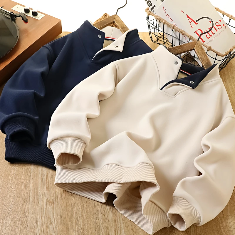 男童秋冬季新款立领单粒扣加绒卫衣中大童纯色简约百搭上衣6802