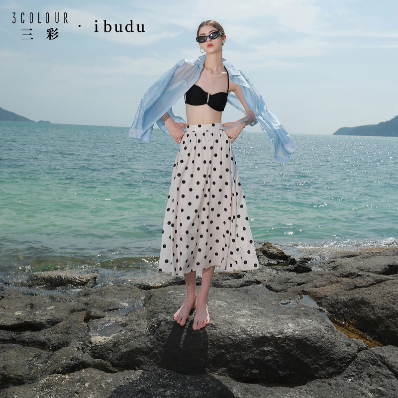 三彩ibudu2025夏季新款半身裙松紧高腰A字裙复古长裙法式女