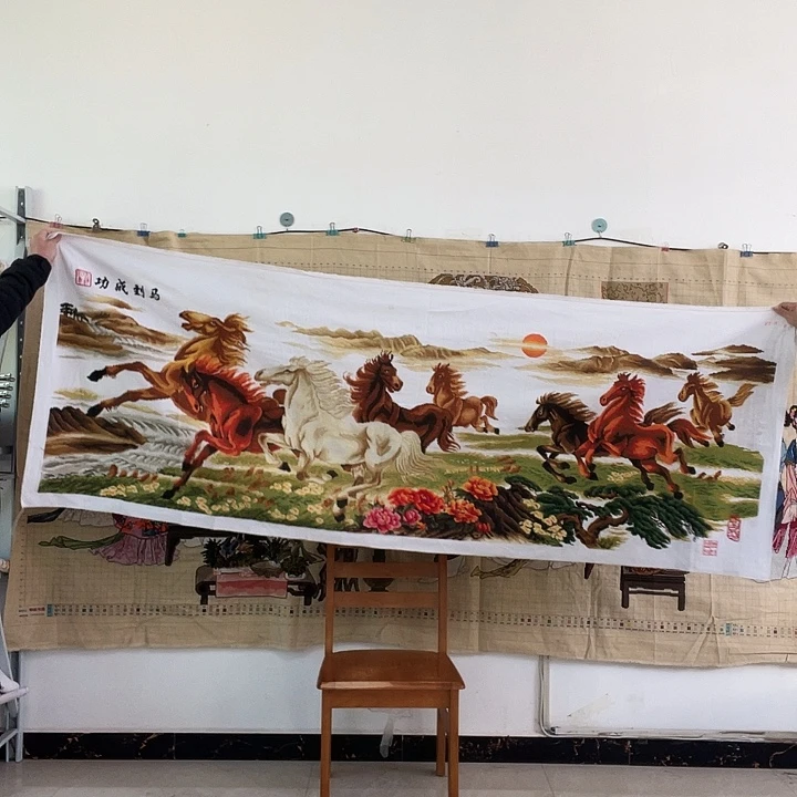 棉手工十字绣成品八骏图洗过的