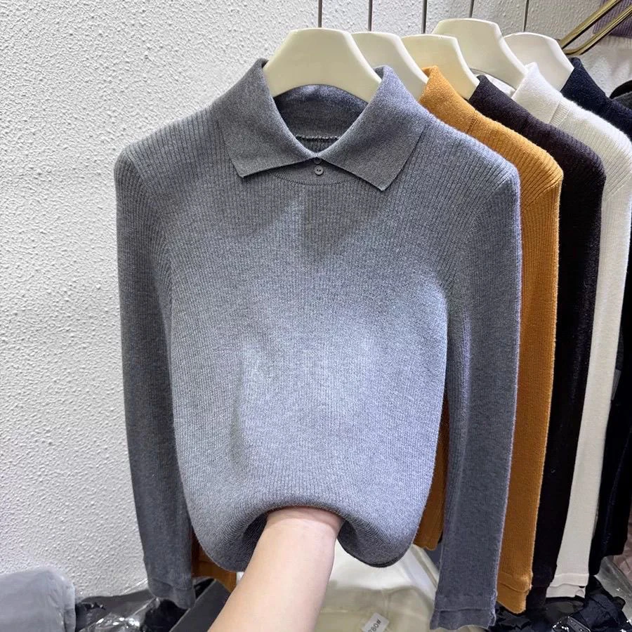 【80-200斤】时尚POLO领针织衫上衣秋冬季极简风修身内搭翻领毛衣女