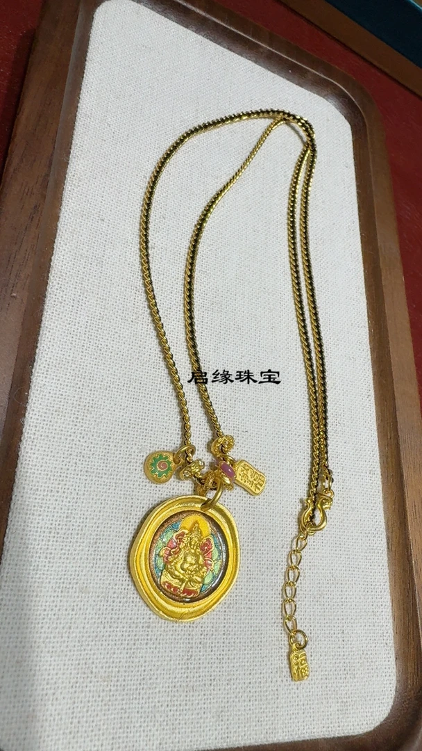 足金烧蓝财神侧身项链50厘米左右