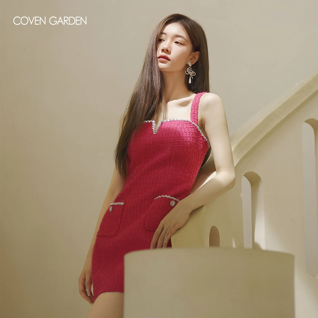 【婷婷专属】哥文花园桃粉色小香风毛呢吊带连衣裙CTA4086220