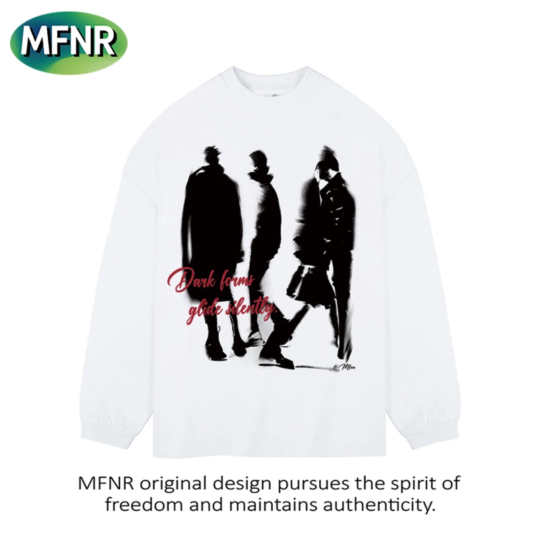 美式复古虚幻人影印花长袖T恤街头百搭设计感男女重磅纯棉上衣潮