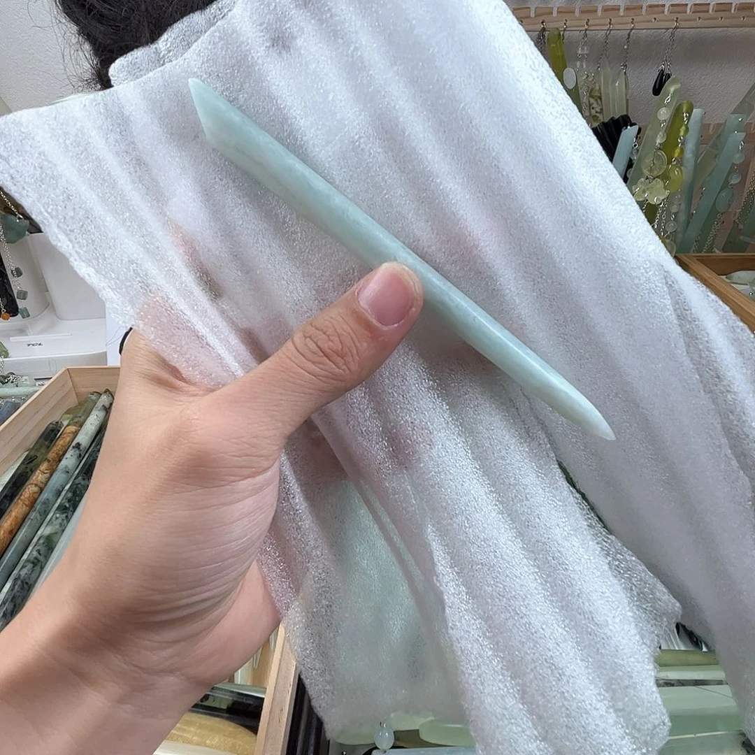 蛇纹石玉发饰未镶嵌天青冻，长度14