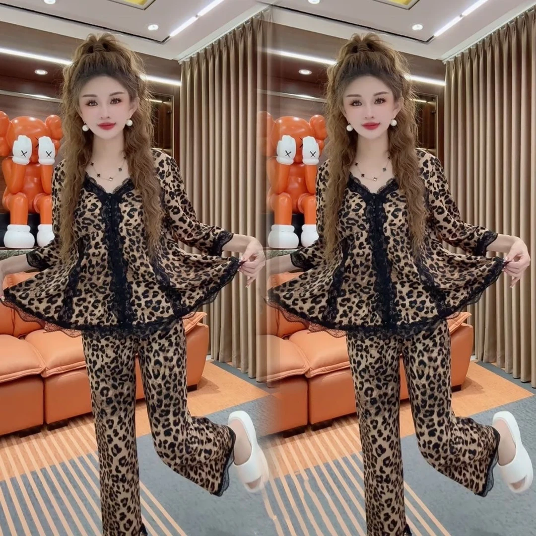 2025秋冬新款洋气睡衣奢华胸垫款显瘦豹纹磨毛两件套家居服可外女