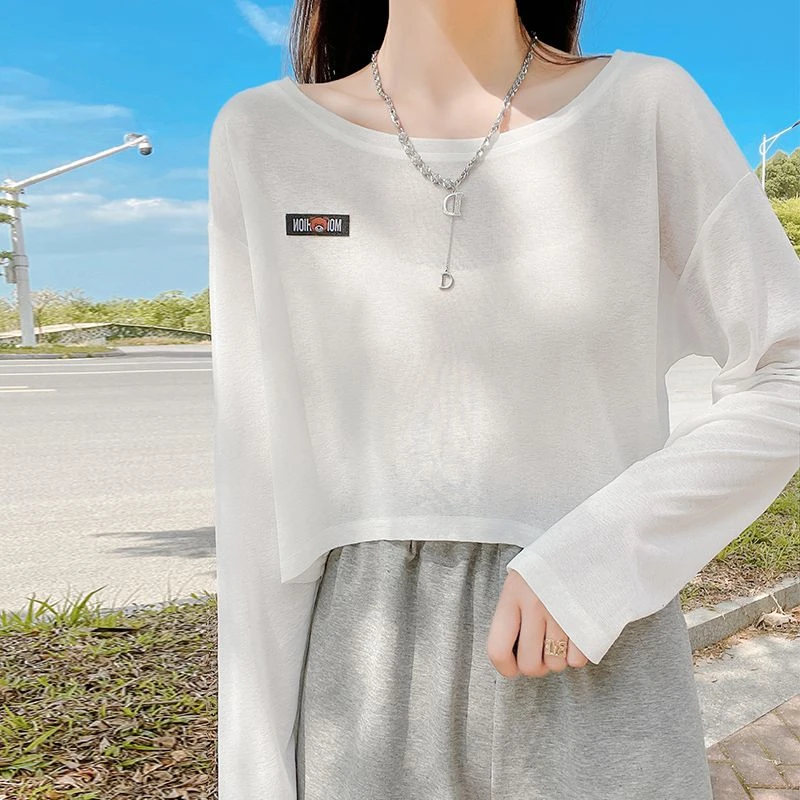 冰丝短款长袖防晒t恤女夏季纯欲风辣妹瑜伽嘻哈舞蹈空调罩衫上衣