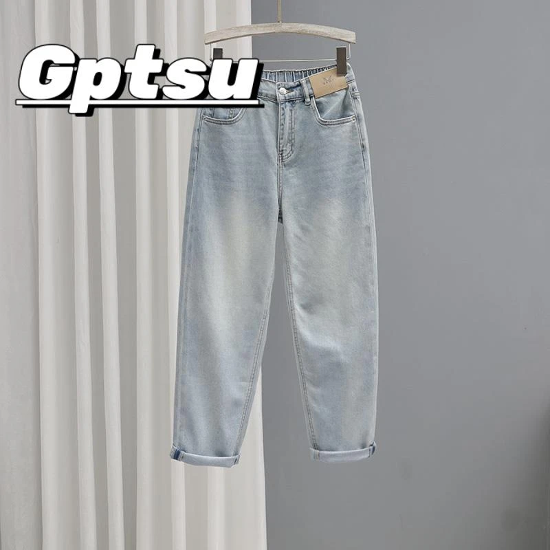 GPTSu夏季浅色半松紧高腰牛仔裤女2025新款哈伦裤宽松百搭萝卜裤