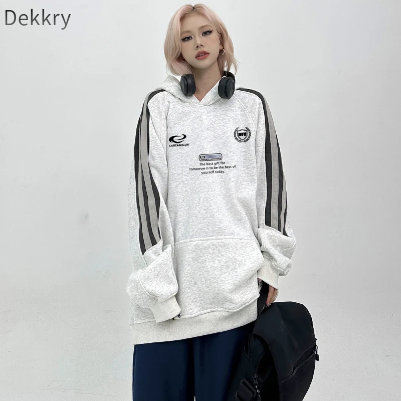 Dekkry美式拉条连帽oversize卫衣女2024新款春冬季外套宽松慵懒风