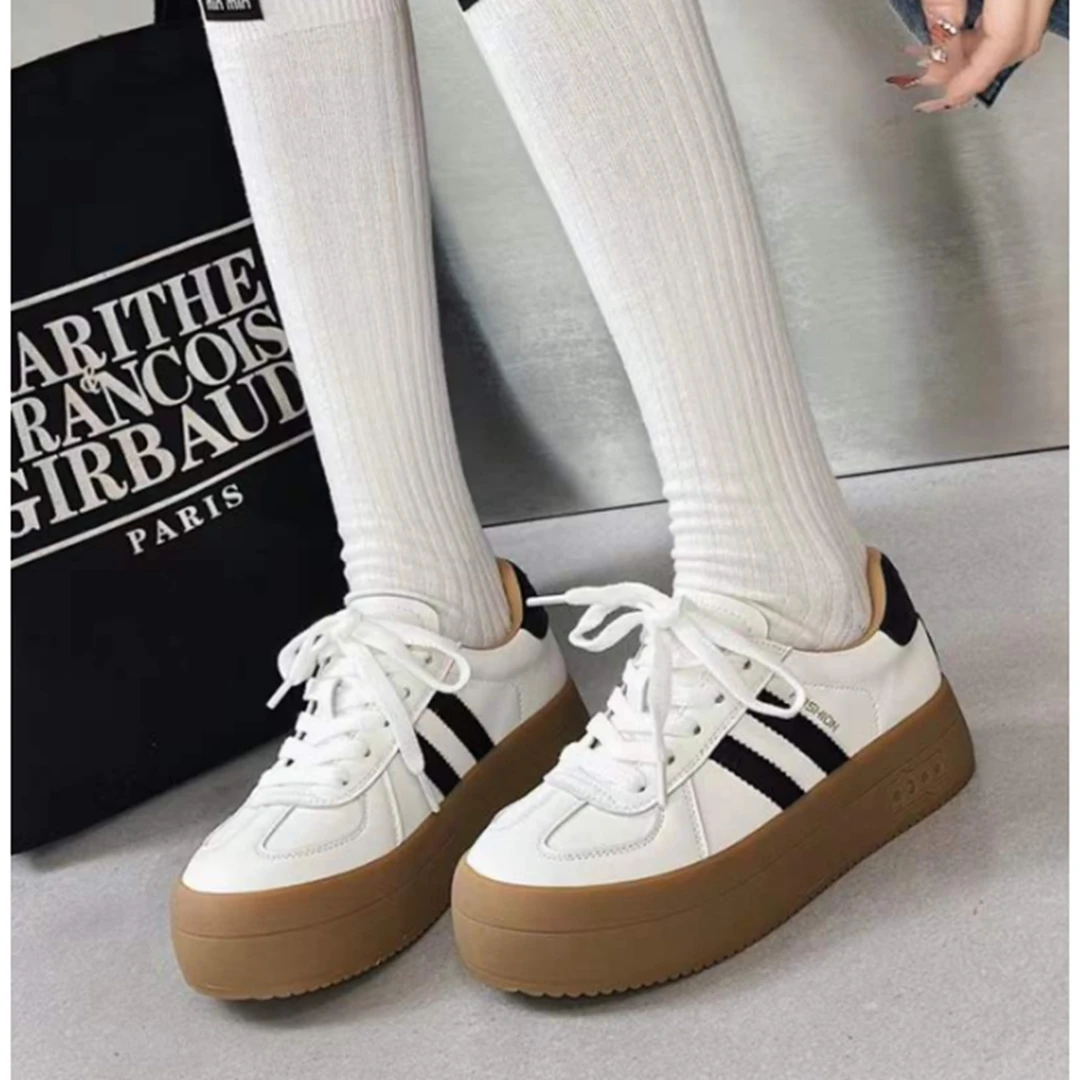 372-5 巨软牛筋厚底中跟板鞋小白鞋软牛皮斜杠系带休闲鞋德训鞋