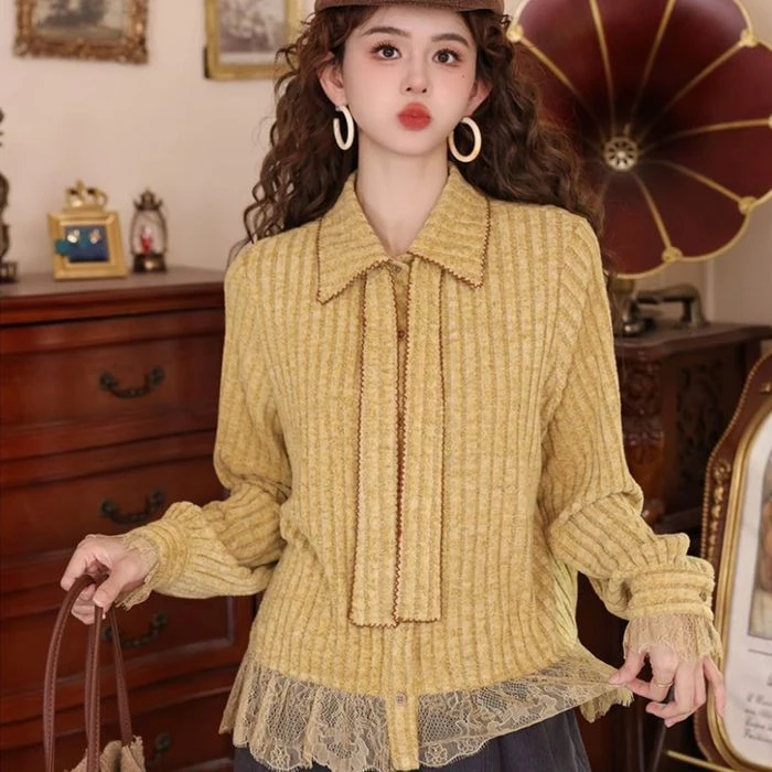 洋气叠穿设计感领带蕾丝拼接长袖衬衫女秋冬内搭显瘦百搭小众上衣