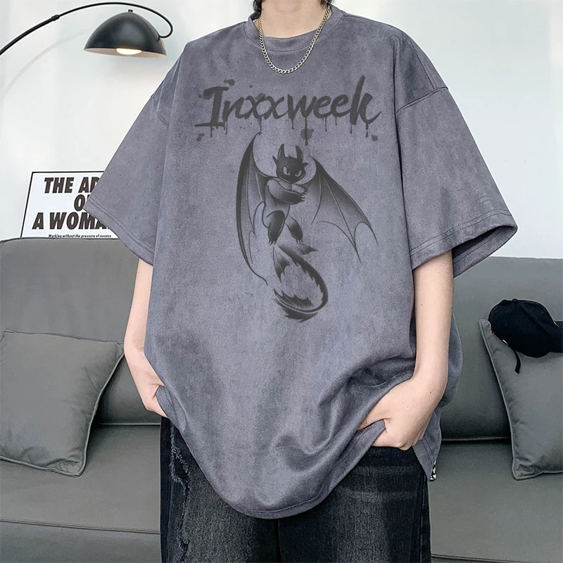 美式仿麂皮绒短袖T恤男款夏季新款2025半袖宽松潮流印花百搭学生