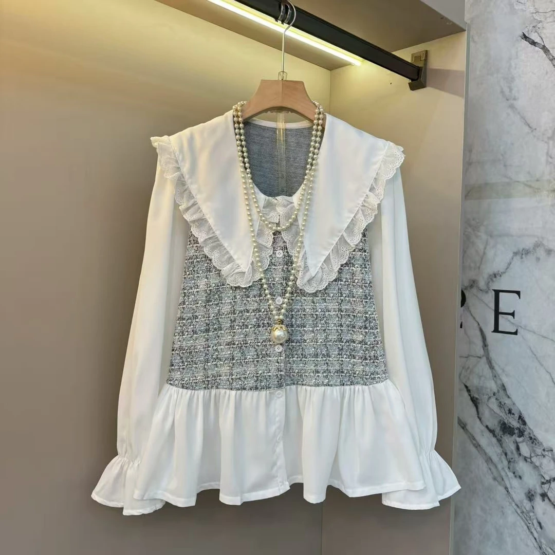 早秋新款2025娃娃领拼接小香风假两件设计感时尚洋气百搭上衣7201